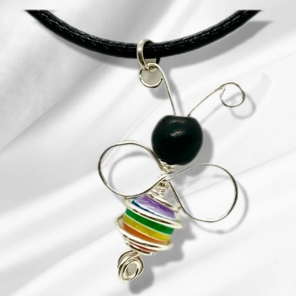 Sterling Silver wrapped Rainbow and Howlite Bead Pendant, Bee Supportive - Picture 3 of 7